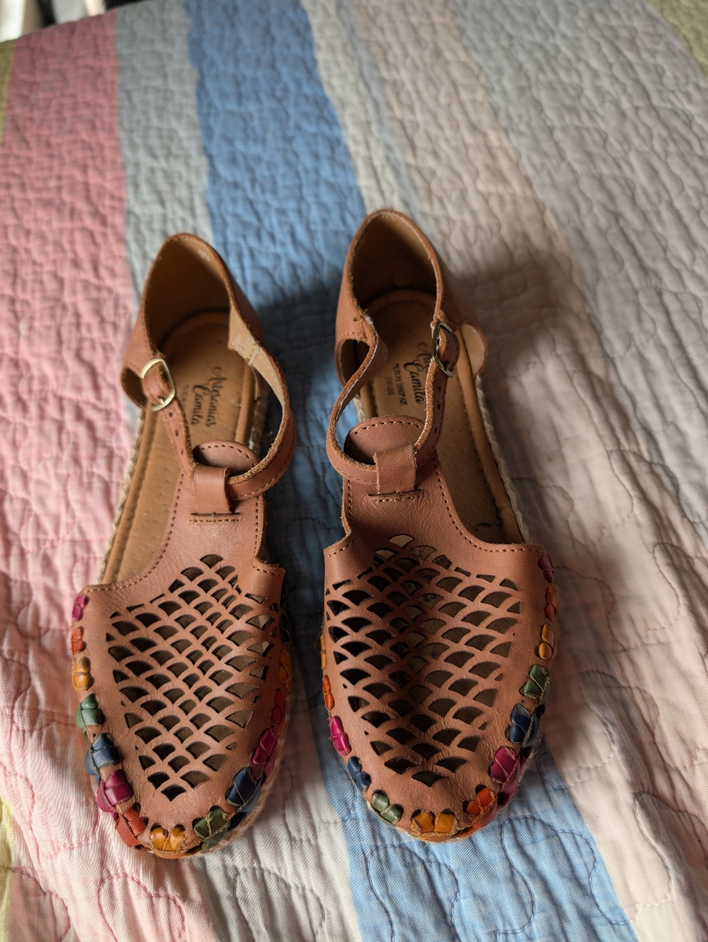 Women’s Tan Leather Cutout Sandals with Multicolor Trim